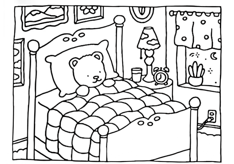 Desenho Bobbie Goods de Ursinho Dormindo no Quarto para Colorir