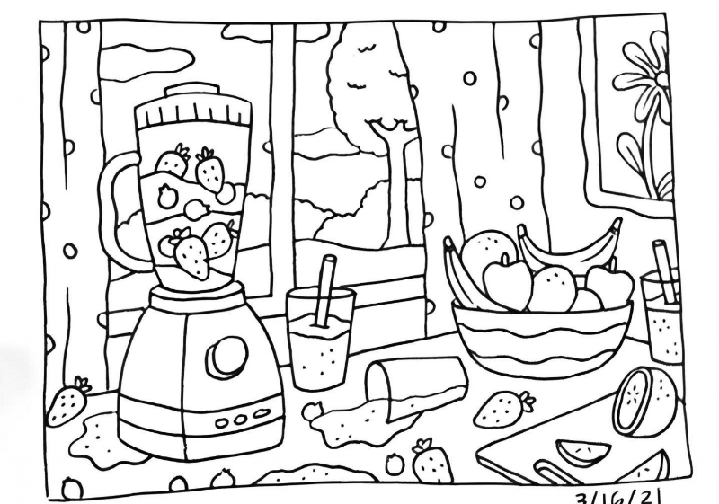 Desenho Bobbie Goods de Vitamina de Morango na Cozinha para Colorir