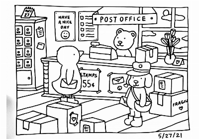 Desenho Bobbie Goods de Urso e Cachorro no Escritório de Correios para Colorir