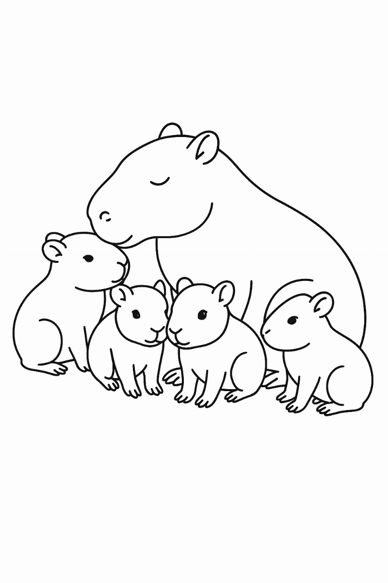 Desenho de Capivara com Filhotes para Colorir