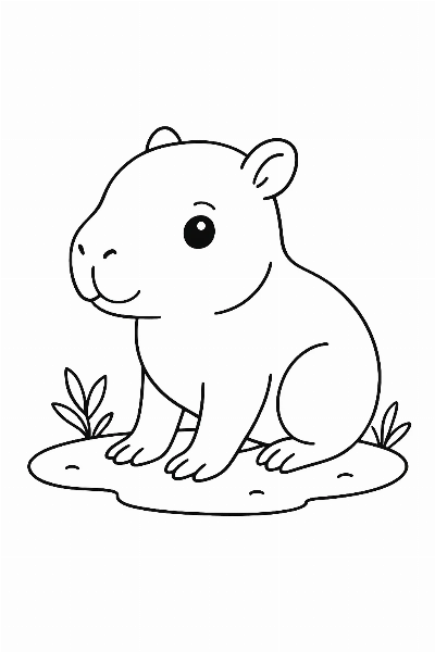Desenho de Capivara Sentada em um Campo para Colorir