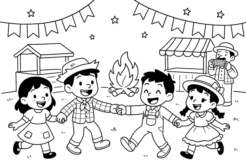 Desenho de Crianças Brincando na Festa Junina para Colorir