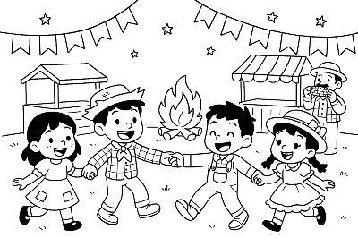 Desenho de Crianças Brincando na Festa Junina para Colorir