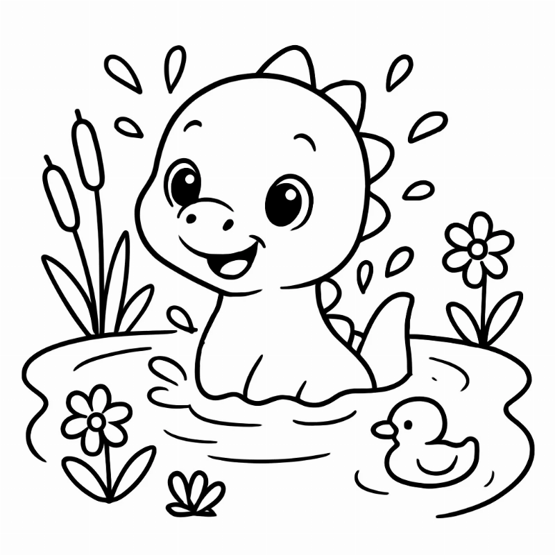 Desenho de Dinossauro Brincando na Água para Colorir