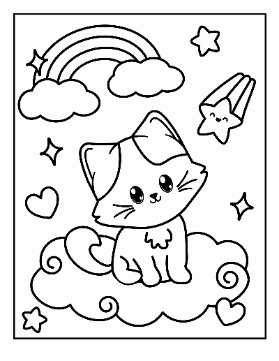 Desenho de Gato Kawaii Sentado em Nuvem com Arco-Íris para Colorir