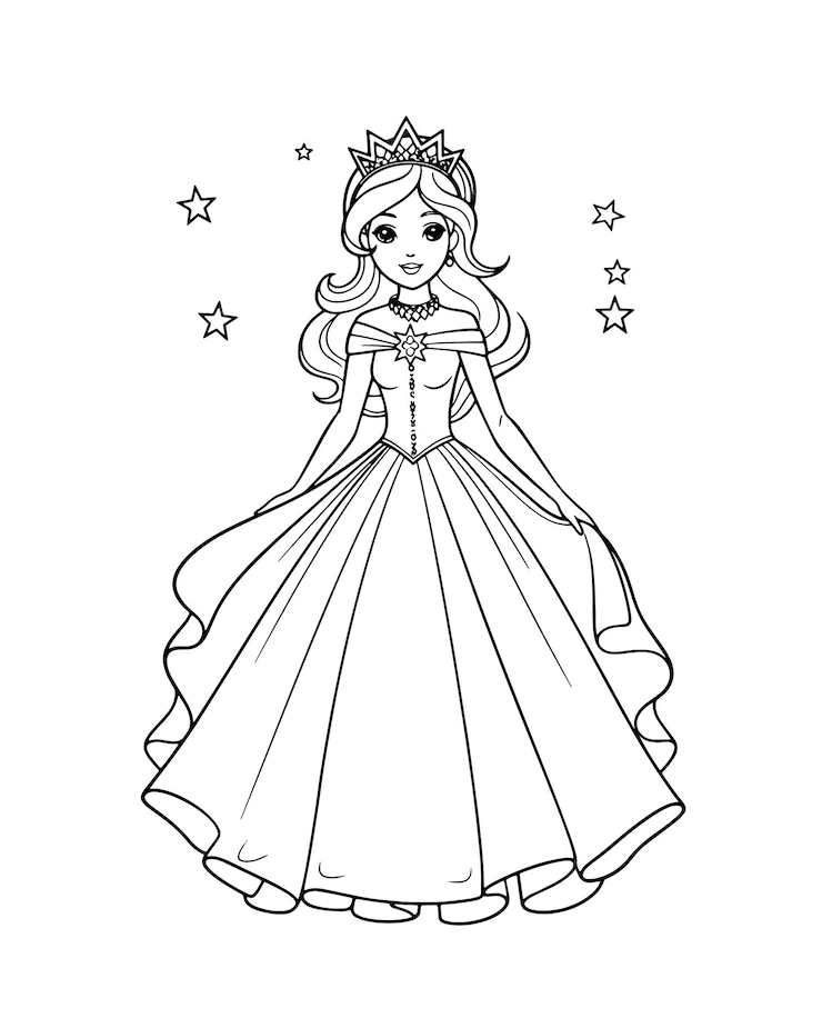 Desenho de Princesa com Coroa e Estrelas para Colorir