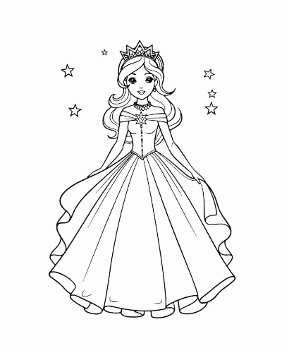 Desenho de Princesa com Coroa e Estrelas para Colorir