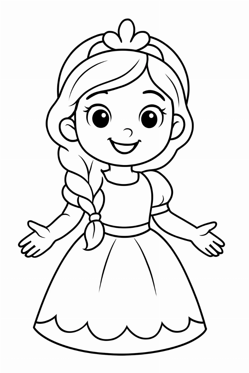 Desenho de Princesa Sorridente com Vestido para Colorir