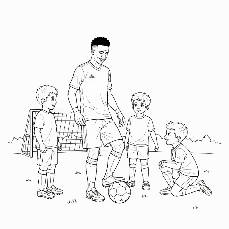 Desenho de Vinícius Júnior Jogando Futebol com Crianças para Colorir