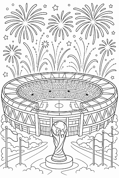 Estádio da Copa do Mundo com Troféu e Fogos de Artifício para Colorir